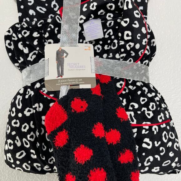 NWT Secret Treasures Women 3 Piece Pajama Set Fleece Cheetah PJ Cozy Size Medium - Picture 4 of 5
